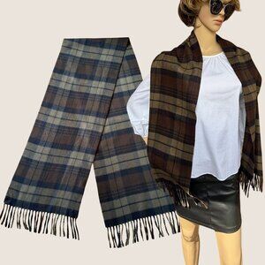 Brown Navy Taupe Plaid Scarf Wool Feel Fringe Long Winter Wrap 11 x 68 Inches